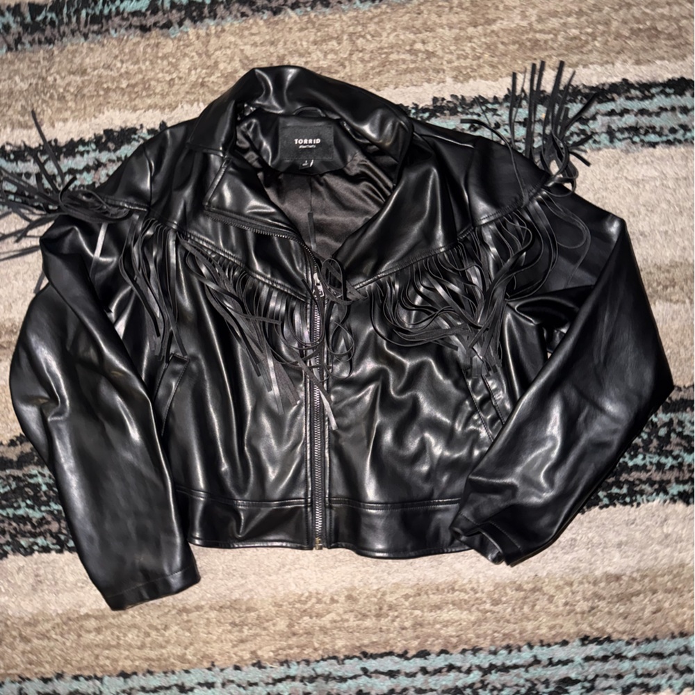 Torrid Black faux Leather Jacket with Fringe